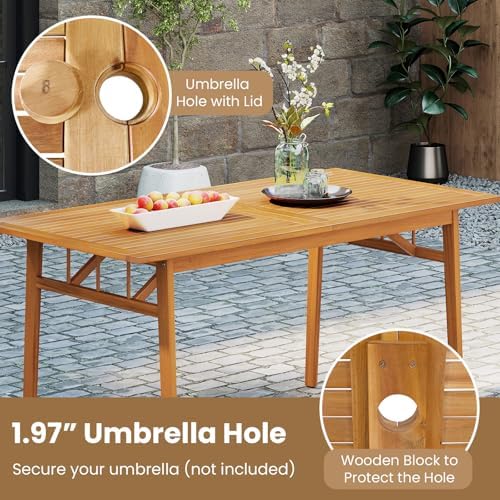 Tangkula 6 Pieces Patio Acacia Wood Dining Set, Outdoor Rectangular Table with 1.97” Umbrella Hole, Bench and Cushioned Chairs for 6, for Deck, Yard and Poolside - Image 4