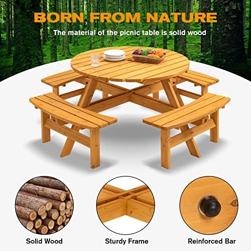 8 Person Wooden Picnic Table, Outdoor Camping Dining Table with Seat, Garden, DIY w/ 4 Built-in Benches, 2220lb Capacity - Natural - Image 3