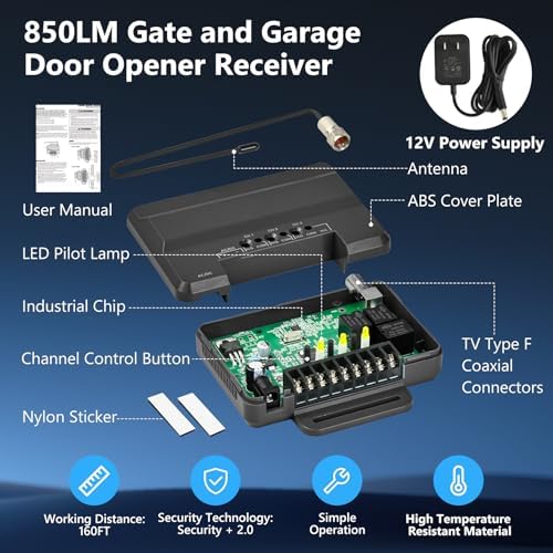850LM Universal Gate and Garage Door Opener Receiver with 12V Power Supply, Compatible with Most Gate and Garage Door Opener, 3 Channel Designed for Both Gated Communities and Commercial Buildings - Image 2