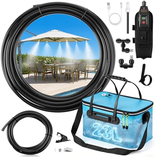 6 Gallon Outside Misting System, 30 FT Cooling Misters with Pump, Blue by HappyAlley