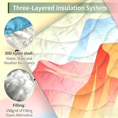 Outdoor Puffy Camping Blanket, Lightweight Down Alternative Printed Large Ultra Warm Quilt Waterproof for Traveling Picnic Beach Party Cold Weather (Multicolored Mountain) - Image 6