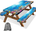 Ocean Animals Picnic Table Cover with Bench Covers, Camping Essentials, Underwater Sea Turtles Waterproof Windproof, Fitted Tablecloth Cover with Elastic Edge, for Garden & Outdoor, 3 PCS, 30x72 Inch by Xguatan
