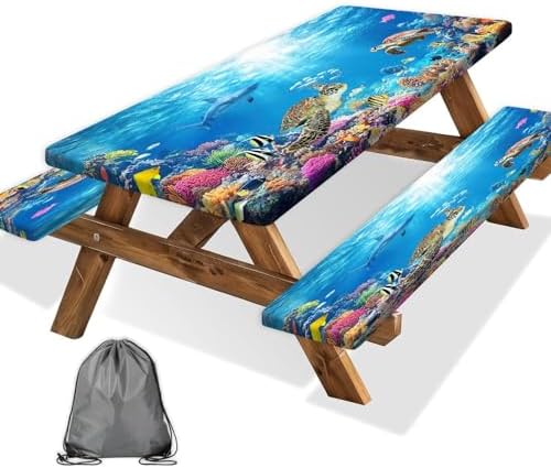 Ocean Animals Picnic Table Cover with Bench Covers, Camping Essentials, Underwater Sea Turtles Waterproof Windproof, Fitted Tablecloth Cover with Elastic Edge, for Garden & Outdoor, 3 PCS, 30x96 Inch by Xguatan