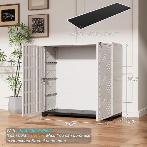 HOMSPARK Indoor/Outdoor Storage Cabinet with Doors and 2 Metal Shelves, 34”x15”x34” HDPE Plastic Storage Box for Patio, Garden, Enterway, Balcony, Multi-Purpose for Daily Tools, White - Image 3