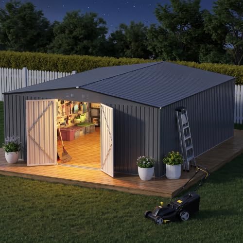 14 x 12 FT Outdoor Storage Shed, Heavy-Duty Galvanized Steel Tool Shed with Reinforced Frame, 2Magnetic Light, Lockable Double Door & Side Vents for Backyard Large Equipment, Gray by Unknown