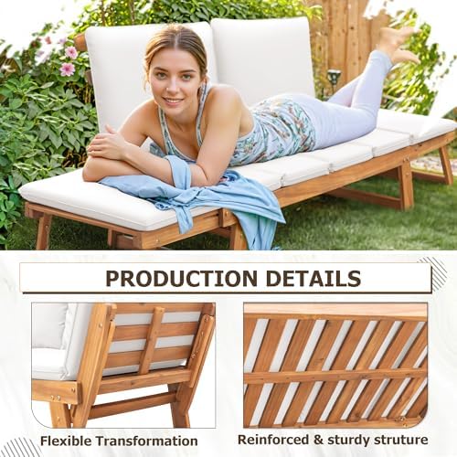 Devoko Outdoor Couch Acacia Wood Outdoor Sofa Balcony Furniture (White) - Image 3