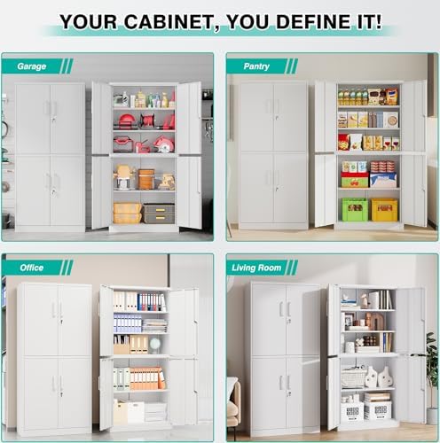 Metal Storage Cabinet with 3 Adjustable Shelves,White Storage Cabinet with Lock,71" Lockable Metal Cabinets with Locking Doors,Tall Steel Pantry Cabinets 4 Door for Home,Office,Garage,Bathroom,Kitchen - Image 4
