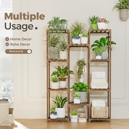 Bamworld Plant Stand Indoor Outdoor Tall Plant Shelf for Multiple Plants Pots Wood Flower Stand Large Flower Holder for Living Room, Patio, Balcony, Garden Decor, Brown - Image 4