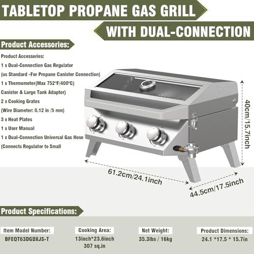 BESTFIRE Portable Propane Grill, 3-Burner Tabletop Gas Grill with 2-in-1 Connection for 1lb/20lb Tanks, 30,000 BTU Stainless Steel BBQ with Observation Window & Thermometer for Outdoor, Tailgating - Image 3