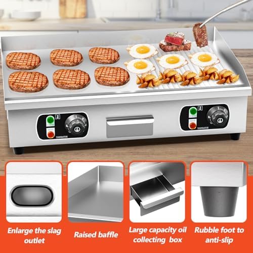 29" Commercial Electric Countertop Griddle,110V 3000W Flat Top Grill Hot Plate BBQ,Adjustable Thermostatic Control 122°F-572°F,Stainless Steel Restaurant Grill for Kitchen(NO PLUG) - Image 5