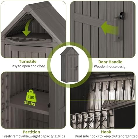 Outdoor Storage Shed, Waterproof Storage Cabinet with Sloping Roof and Lockable Door, Resin Shed with Ample Space, Multiple Hooks for Backyard Patio, Garden, Lawn, Classic Grey - Image 6