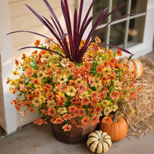 Fall Flowers Artificial Mums for Outdoors Autumn Decor, 12 Bundles Fake Fall Mums with 1 pcs Burgundy Orchid Leaf UV Resistant Realistic Faux Plants for Outside Home Porch Patio Planter, Orange Yellow - Image 2