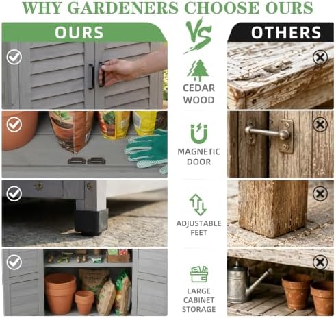 Outdoor Storage Cabinet with Metal Tabletop, Cedar Wood Garden Workstation - Image 5