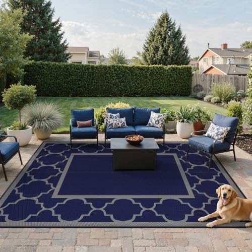 GENIMO Outdoor Rug, Waterproof Plastic Rugs for Patio, 9'x12' Blue Grey - Image 2