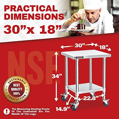 DuraSteel 30x18 NSF Stainless Steel Cart Work Table - Heavy Duty Rolling Food Prep Table - Metal Utility Cart on Wheels Caster, Grill Stand Microwave Outdoor Kitchen Tables Countertop Island Large Top - Image 2