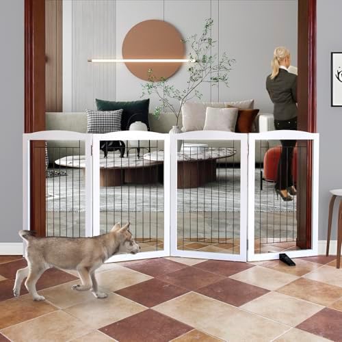 ZJSF Freestanding Dog Fence Indoor, Foldable Dog Gate for Doorways, Stairs or Hallways, Sturdy Wood Extra Wide Pet Gate with Support Feet for The House, White, 32 "Height-4 Panels by ZJSF
