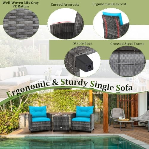 RELAX4LIFE 3 Piece Patio Furniture Set, Wicker Bistro Conversation Set w/2 Cushioned Armchairs & Glass Topped Table, Outdoor Rattan Sofa Set Patio Furniture for Porch Balcony Poolside (Grey-Turquoise) - Image 4