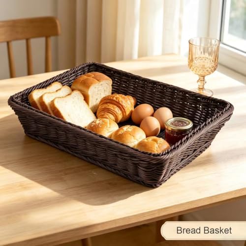 RT&BS Wicker Bread Basket for Serving, Wicker Fruit Basket, Display Baskets for Vegetable Fruit, Reusable Handwoven Serving Baskets for Kitchen, Store, Restaurant, Outdoor (Coffee, S) - Image 2