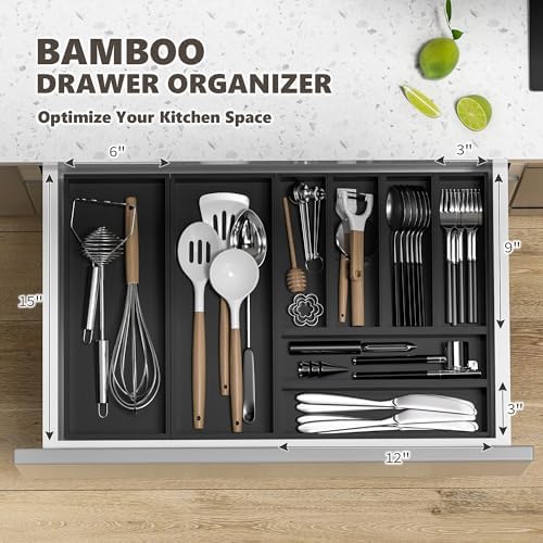 Bamboo Kitchen Drawer Organizer, 2-Pack, 17" x 6" x 2.5", Black - Image 3