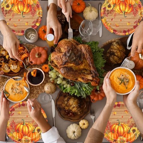 20 Pcs Happy Thanksgiving Party Disposable Paper Plates Fall Themed 9 Inch Round Dinner Plates for Autumn Party Decorations (Wood Grain Pumpkin Maple Leaves) - Image 3