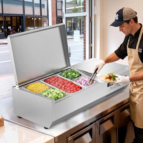 ROVSUN Refrigerated Condiment Prep Station, 40" Sandwich Prep Table ETL NSF, 18QT Salad Bar Prep Rail w/Auto Defrost, Temp Control, Stainless Steel Cover, 1/3 Pan & 4 1/6 Pan for Restaurant Food Truck - Image 7