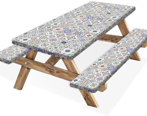 Picnic Table Cover with Bench Covers, Camping Essentials, Buffalo Plaid Waterproof Windproof Camping Tablecloth, Fitted Tablecloth Cover with Elastic Edge, for Garden & Outdoor, 3 PCS, 30x96 Inch by Xguatan