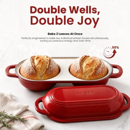 Enameled Cast Iron Bread Loaf Pan with Lid,Double Sourdough Baking Pan(Red) - Image 2