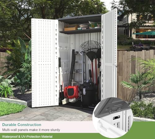 KINYING Outdoor Storage Cabinet Waterproof, Resin Vertical Outdoor Storage Shed for Patio Furniture, Garden Tools, Pool Accessories, Mower Storage (66 Cu.ft, Off White) - Image 4