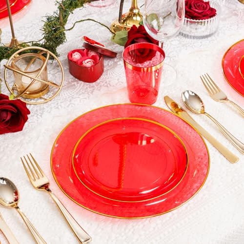 LIYH 180 Pcs Clear Red Plastic Plates Disposable - Red Dinnerware Set, Include Red and Gold Plates, Dinner Plate, Dessert Plate, Gold Plastic Silverware for Birthday Party - Image 4