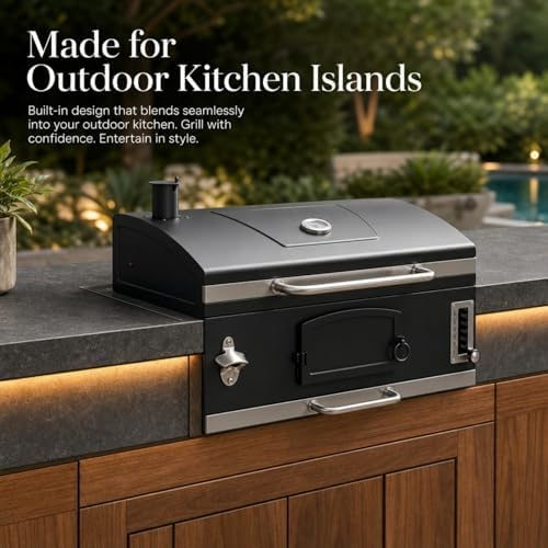 30in Built in Charcoal Grill for Outdoor Kitchen Island, Heavy Duty Large Barbecue Grills with Liftable Tray, Insulated Hood & Temp Gauge Drop-in BBQ Barrel Grill for Family Parties Patio Cooking - Image 7
