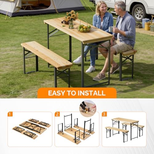 VINGLI 45 Inch Folding Picnic Tables with Benches Set, Weather-Resistant Wooden Beer Garden Table Bench, 3-Piece Portable Fold Up Camping BBQ Table,Natural Wood Color - Image 4