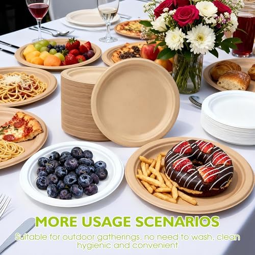 9 Inch 500 Pack Compostable Paper Plates Round Unbleached Brown Plates Made from Natural Sugarcane Fibers, Biodegradable Heavy Duty Disposable Plates for Party, Camping, Picnic - Image 7