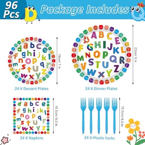 96 PCS Colorful ABC Letters Paper Plates Napkins Set，Serves 24 - Image 3