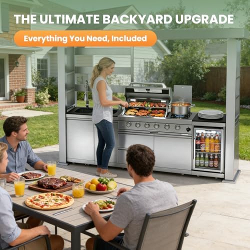 97" Stainless Steel Outdoor Kitchen Island with 4-Burner 72000 BTU,Propane Grill with Side Burner,Rotisserie Oven,Galvanized Steel Roof,Granite Countertops,Refrigerator,Sink.(Propane Gas) - Image 3
