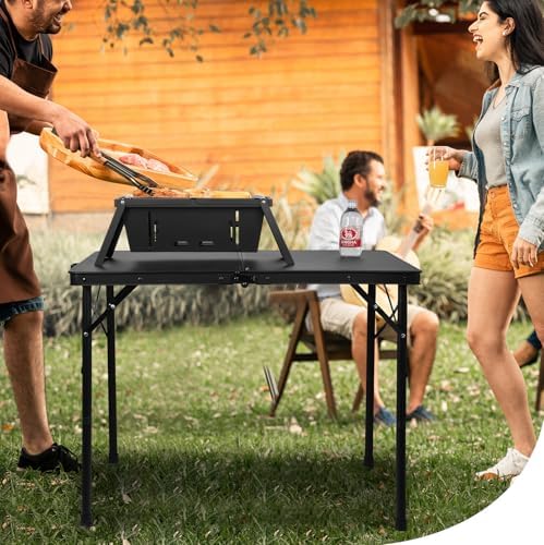 E EASTSTORM 35 inch Folding Table for 4 Person, Heavy-Duty Metal Tabletop, 2 Adjustable Height Camping Table, Portable Outdoor Table with Carrying Handle,for Patio, Picnic, Parties, BBQs, Black - Image 2