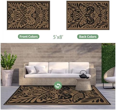 GENIMO Outdoor Rug, 5'x8' Waterproof Plastic Rugs for Patio, Black - Image 2