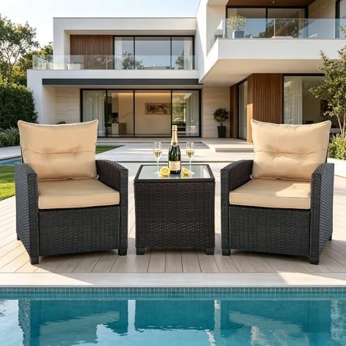 3 PCS Patio Wicker Conversation Set Sofa Table Set Beige Cushion - Image 3