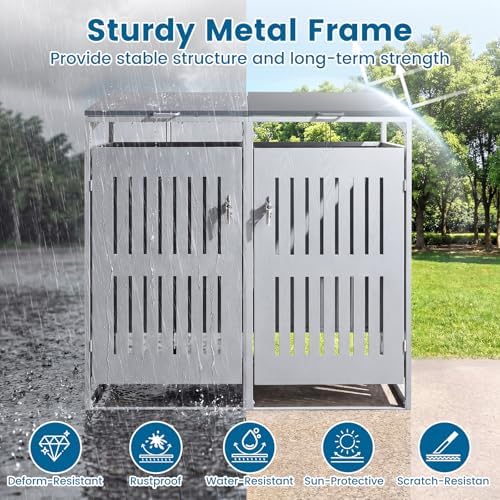 Goplus 44 Cu.Ft Outdoor Trash Can Storage, Garbage Can Hider Outdoor with 2 Lockable Doors Gas Struts & Shock Absorbers, Slant-roof Outdoor Storage for Patio, Backyards, Yard & Garden (52"x32"x49.5") - Image 4