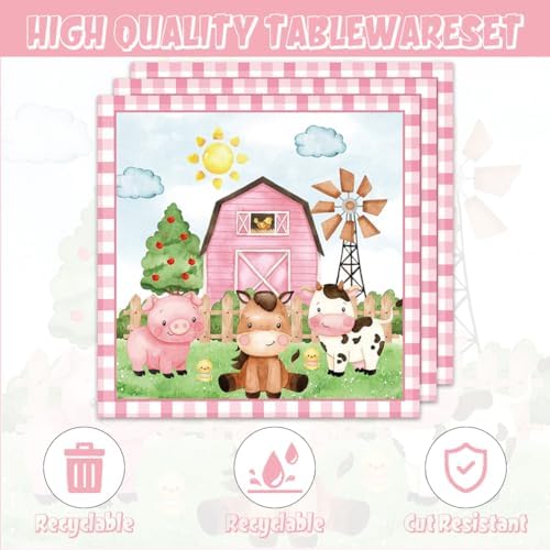 Egami 40pcs pink Farm Party Supplies,include 20 Dessert plate and 20 Napkin,Farm Animal Party Plate Napkin Set,Used for Animal Party Decoration - Image 4