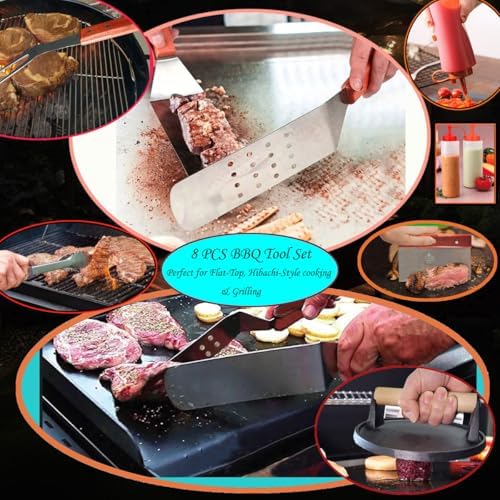 La Cuisine 8 Piece Flat Top Griddle BBQ Accessories Kit with Solid & Perforated Spatulas, Fork, Tong, Cast Iron Meat Press & Squeeze Bottles for Hibachi & Teppanyaki Cooking - Image 2