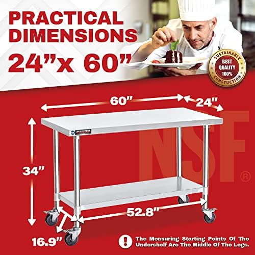 DuraSteel 24x60 NSF Stainless Steel Cart - Heavy Duty Food Prep Table with Undershelf - Rolling Kitchen Island on Wheels for Commercial Restaurant Kitchen, Garage, Outdoor Cooking, BBQ Grill, Counter - Image 2