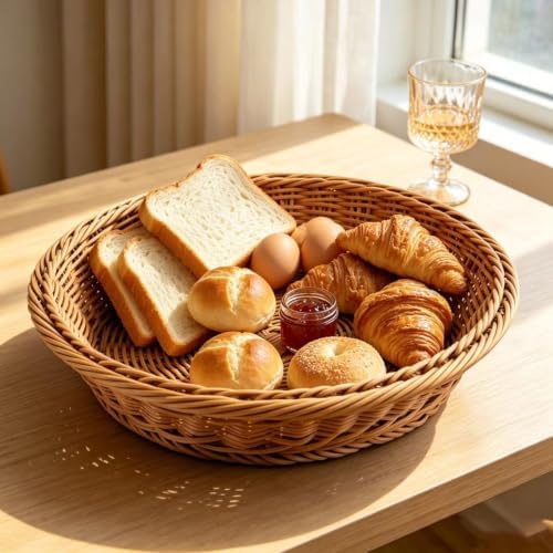 RT&BS Large Round Wicker Bread Basket, Round Wicker Fruit Basket, Woven Egg Baskets, Reusable Handwoven Storage Baskets for Living Room, Kitchen, Store, Restaurant, Outdoor, Party (Brown, L) - Image 2