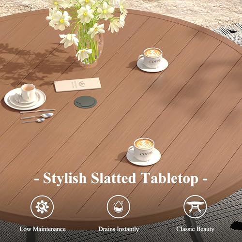Outdoor Dining Table for 8, 63" Round Outdoor Table with Adjustable Umbrella Hole, All-Weather Metal Patio Dining Table for Lawn Garden Backyard Deck, Walnut - Image 4