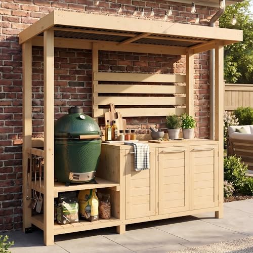 ECACAD Outdoor Kitchen Island with Canopy & Trash Can Cabinet, 6.7FT Cedar Wood Grill Bar Counter Table with Storage Cabinet & Shelves, Grill Pavilion for Patio Kitchen, Backyard, Garden, Natural - Image 2