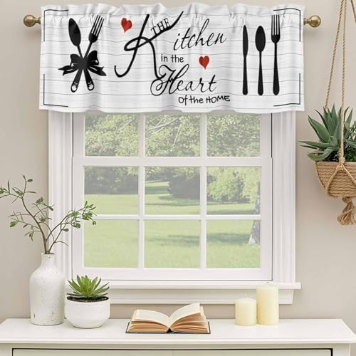Valances for Windows, Kitchen Tableware Valance Curtains Blackout Drapes for Kitchen/Bathroom/Cafe, Red Love Heart Black Words Vintage Rod Pocket Window Toppers Valances 2 Pack Clearance 42''x18'' - Image 3