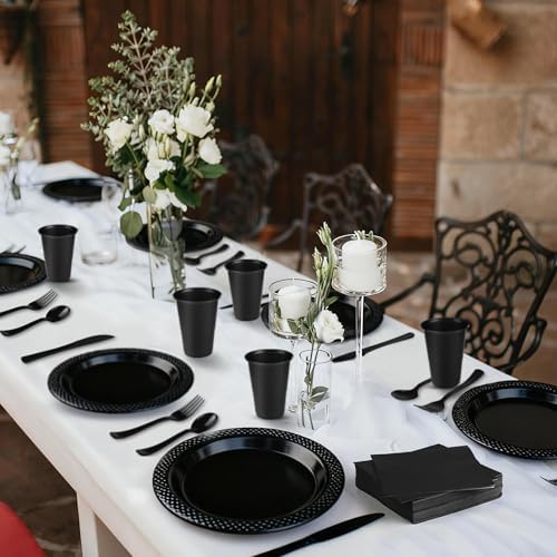 Kochorie 480 Pieces Black Plastic Dinnerware Set for 60 Guests Disposable Heavy Duty Plates Napkins Cups and Silverware Dessert Dinner Plates for Halloween Birthday Wedding Party Supplies - Image 6