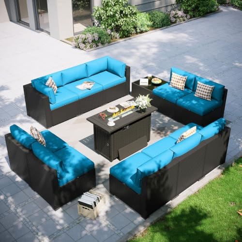 Aoxun Patio Furniture Set with Fire Pit Table, 12 Piece Outdoor Sectional Sofas, 10 Seats Wicker Rattan Outdoor Furniture with Thickened Cushion for Backyard, Garden Peacock Blue by Aoxun