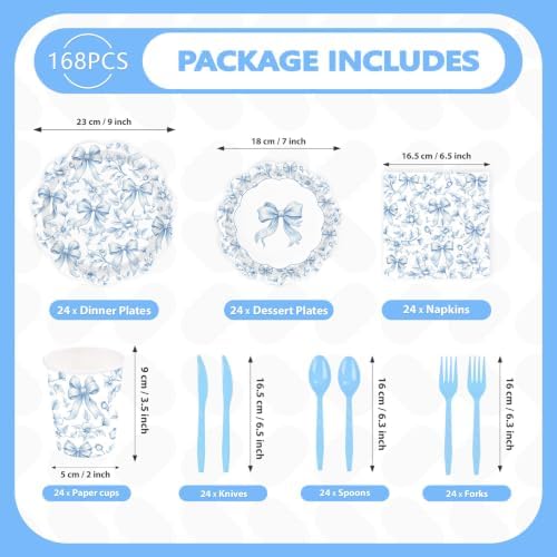 168 Pcs Blue Bow Floral Scalloped Party Decorations,Serves 24 - Image 5