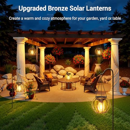 KOOPER Solar Lanterns Outdoor Waterproof, 4 Pack Upgraded Bronze Metal Hanging Solar Lights Outdoor Lanterns, Brighter Auto On/Off Outdoor Hanging Lantern for Yard Patio Pathway Porch Garden Decor - Image 3