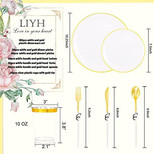 LIYH 180 Pcs White and Gold Plastic Plates Disposable - Dinnerware Set, Gold Plastic Silverware, Disposable Heavyduty Plates for Parties, Birthdays, Wedding 30Guests - Image 2